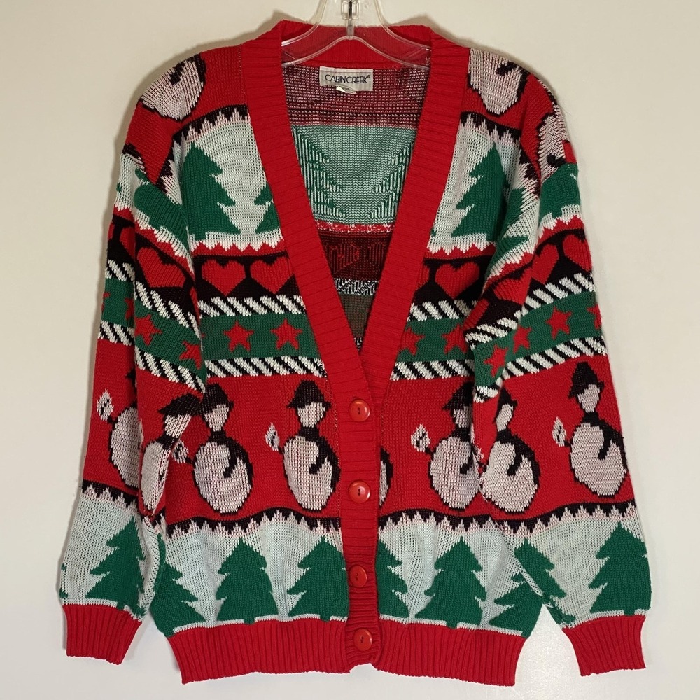 Cabin Creek Cardigan Sweater Womens Petites Large Red Christmas Snowman Trees‎